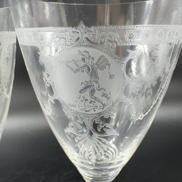 Heisey Pied Piper Etched Crystal Water Goblet Delicate Stemware Glasses Set 2 - Picture 3 of 10